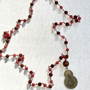 Rudraksha and Strawberry Quartz Kuan Kwan Yin Vintage Inspired Necklace